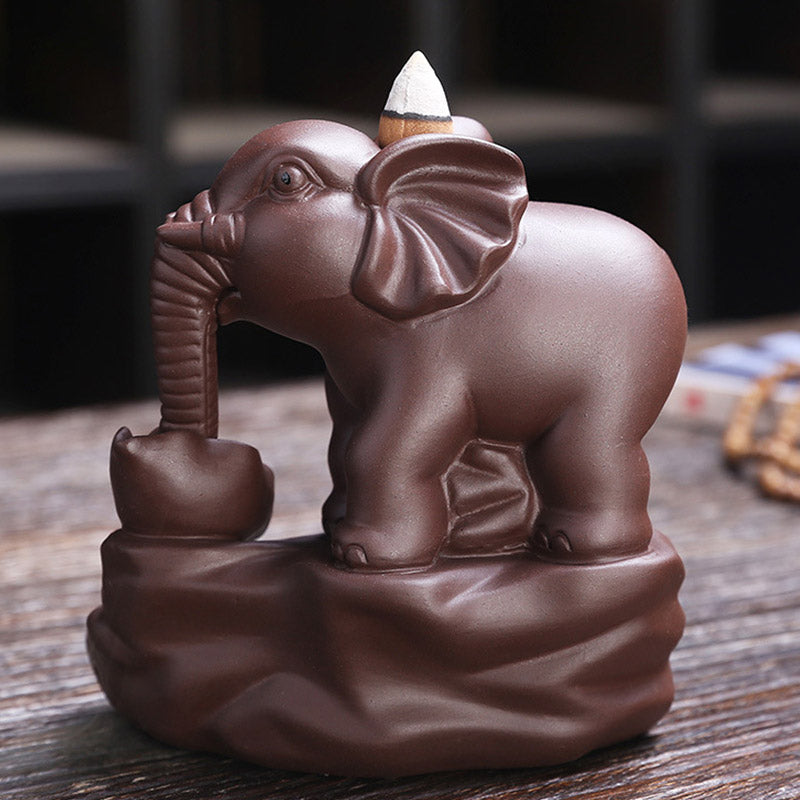 Buddha Stones Tibetan Elephant Purple Clay Backflow Smoke Fountain Protection Incense Burner Decoration Incense Burner BS 2
