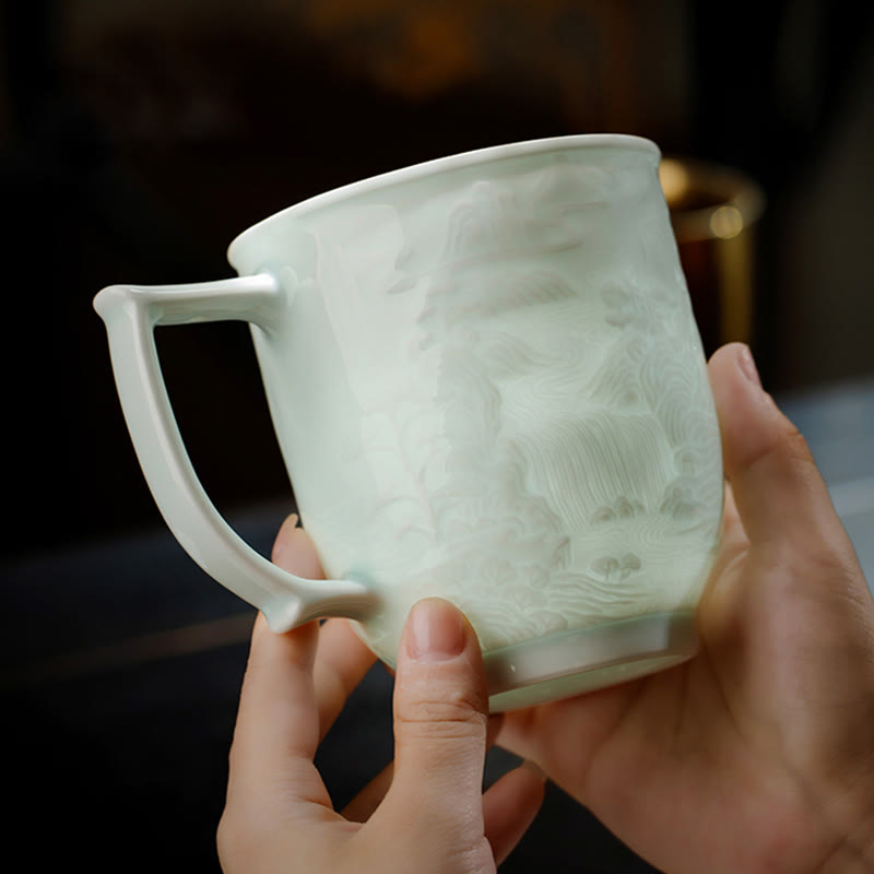 Buddha Stones Jingdezhen White Porcelain Handmade Great Wall Landscape Engraved Ceramic Teacup Office Mug Tea Cups Cup BS 10