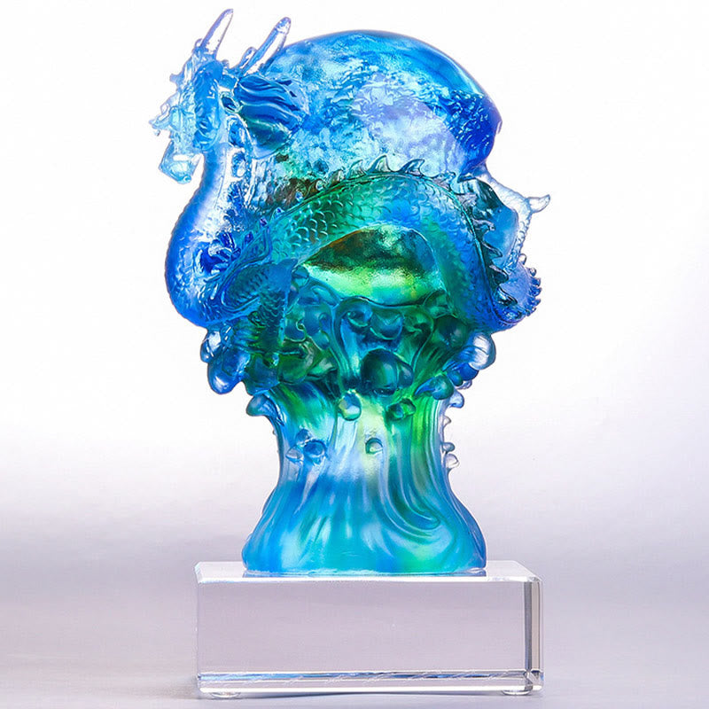 Buddha Stones Handmade Azure Dragon Liuli Crystal Art Piece Success Protection Home Office Decoration Decorations BS 3
