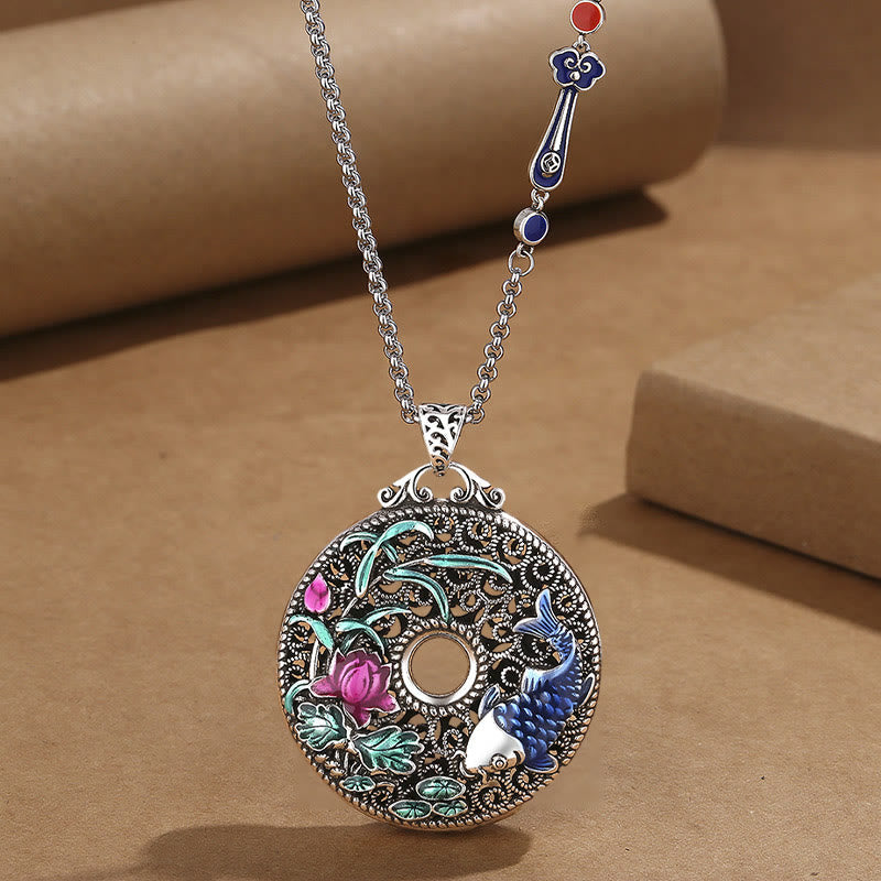 Buddha Stones Koi Fish Lotus Peace Buckle Fu Character Wealth Luck Necklace Pendant Necklaces & Pendants BS Lotus Koi Fish&Ruyi Handle Chain