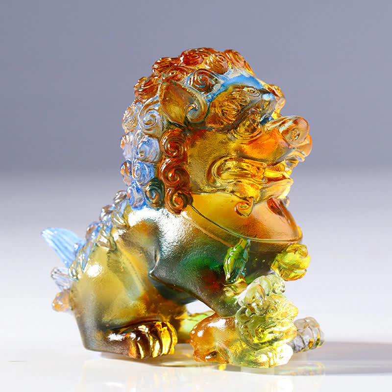 Buddha Stones Handmade Liuli Crystal Lion Art Piece Strength Home Office Decoration Decorations BS 2