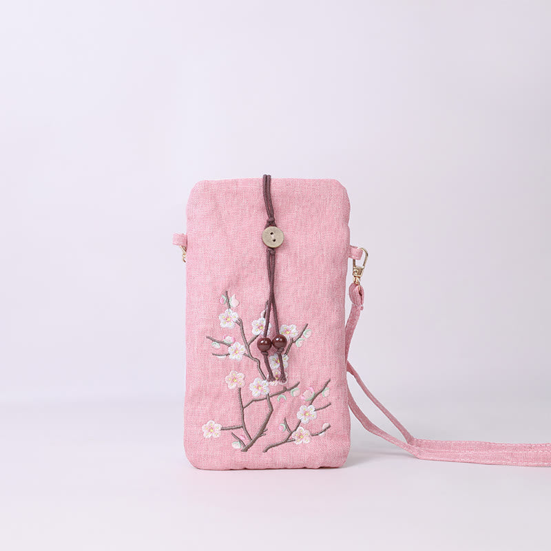 Buddha Stones Small Embroidered Flowers Crossbody Bag Shoulder Bag Cellphone Bag 11*20cm Crossbody Bag BS Light Pink Plum Blossom 11*20cm
