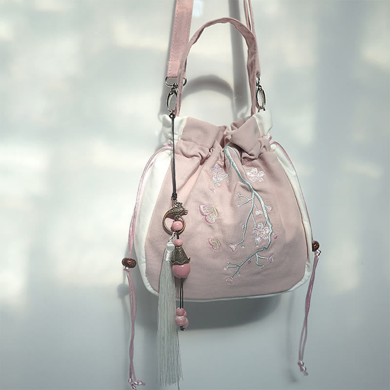 Buddha Stones Handmade Embroidered Flowers Canvas Tote Shoulder Bag Handbag Bag BS Pink White Flower