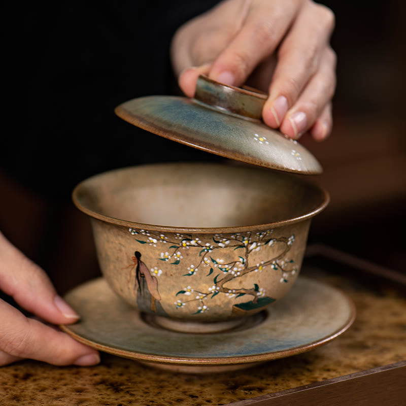 Buddha Stones Jingdezhen Hand Painted Ru Kiln Porcelain Hanfu Girl Flower Ceramic Gaiwan Sancai Teacup Kung Fu Tea Cup And Saucer With Lid Cup BS 9