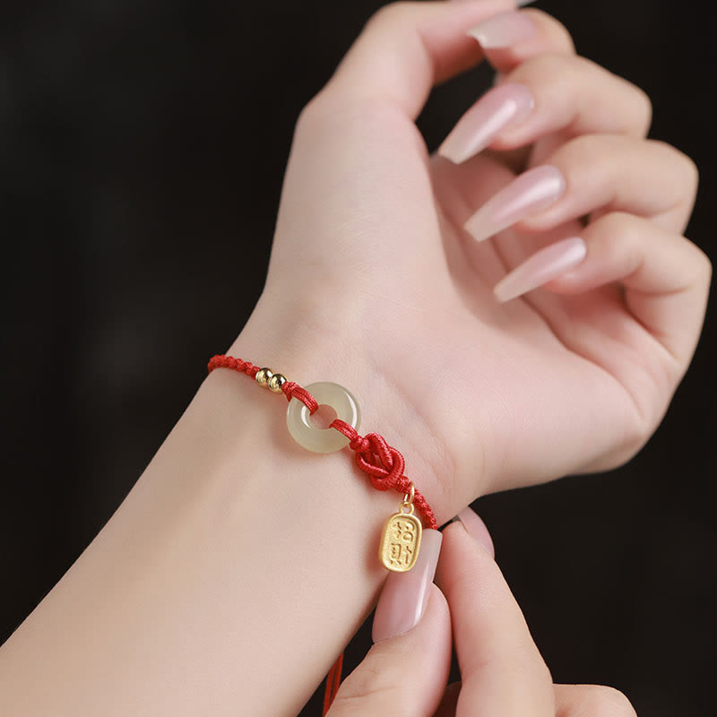 Buddha Stones Hetian Jade Peace Buckle Fu Character String Luck Bracelet 5