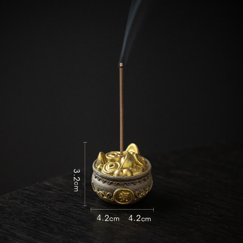 Buddha Stones Small Treasure Bowl Lucky Bag Bagua Tray Healing Ceramic Stick Incense Burner Decoration Incense Burner BS Brown Treasure Bowl 4.2*4.2*3.2cm