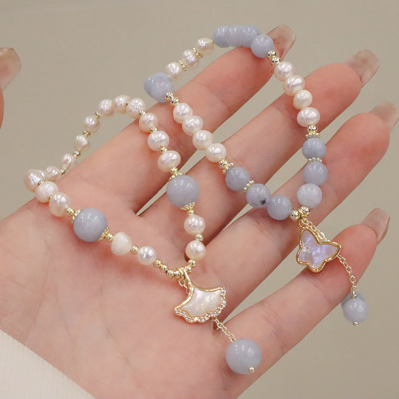 Buddha Stones Natural Aquamarine Pearl Healing Ginkgo Leaf Butterfly Charm Bracelet Bracelet BS 1