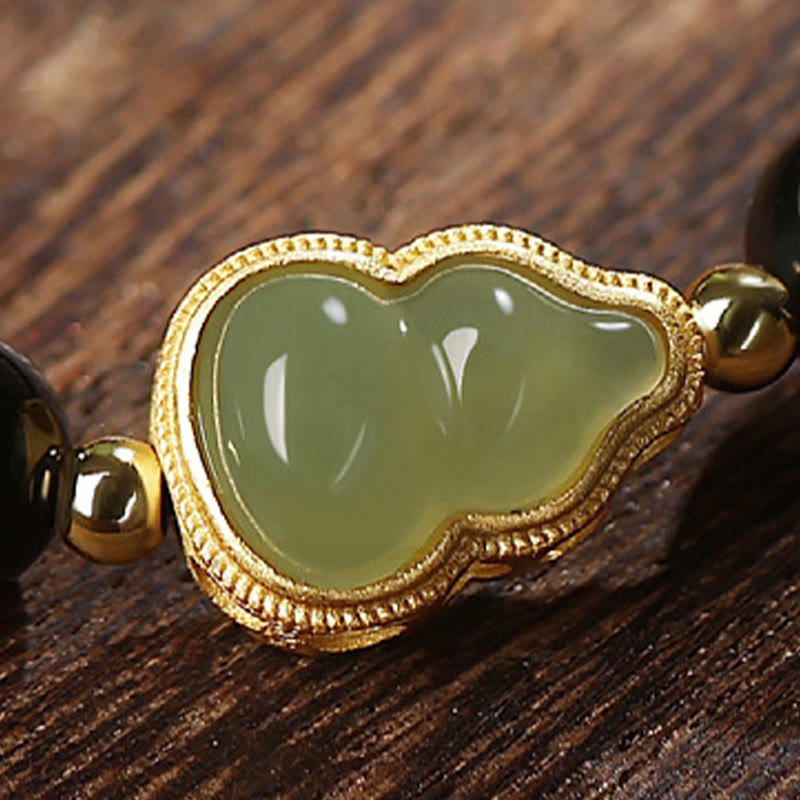 Buddha Stones Natural Black Obsidian Hetian Jade Gourd Double Happiness Strength Bracelet Bracelet BS 9
