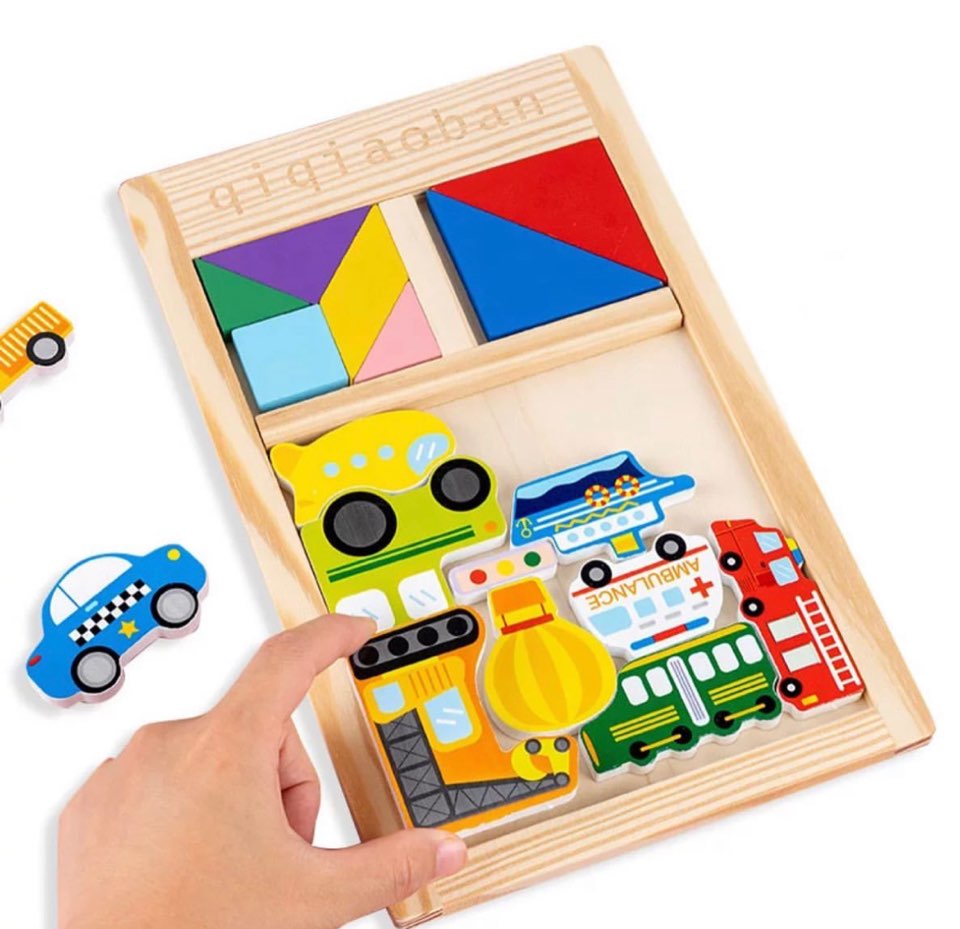 Fidtoy 3 in 1 Brainteaser Tangram Puzzle Board, Wooden Vehicle Shape Matching Puzzle, Color Recognition Fine Motor Learning Toy Ages 3+