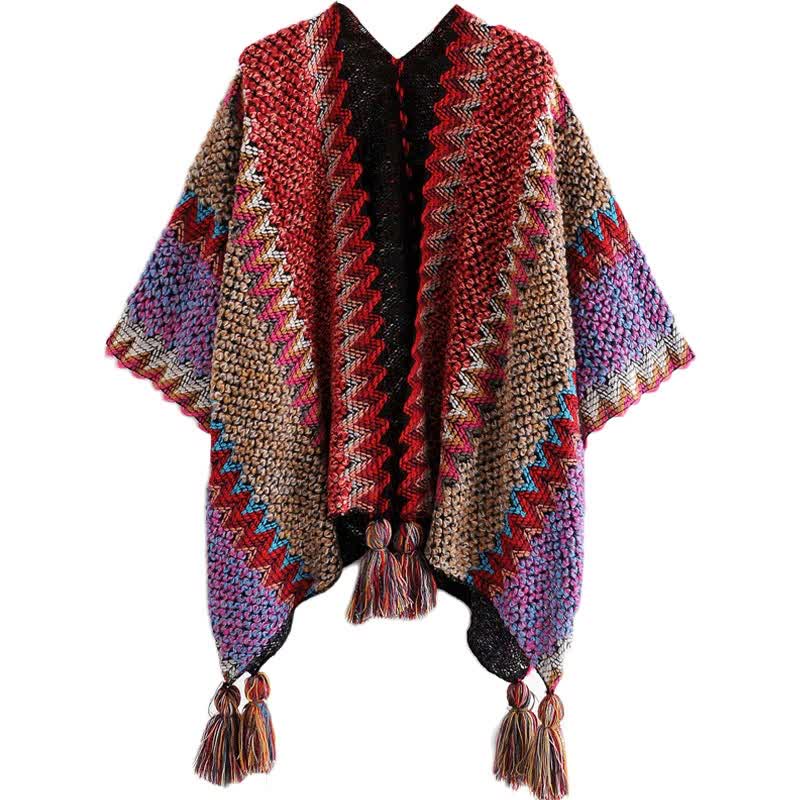 Buddha Stones Tibetan Shawl Knitting Warm Cloak Tibetan Tassel Scarf Tibetan Shawl BS 11