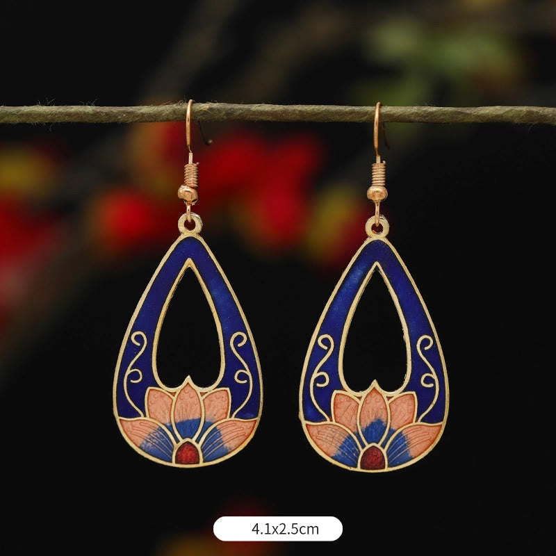 Buddha Stones Lotus Butterfly Flower Alloy Copper Enlightenment Drop Earrings Earrings BS Blue Lotus 4.1*2.5cm