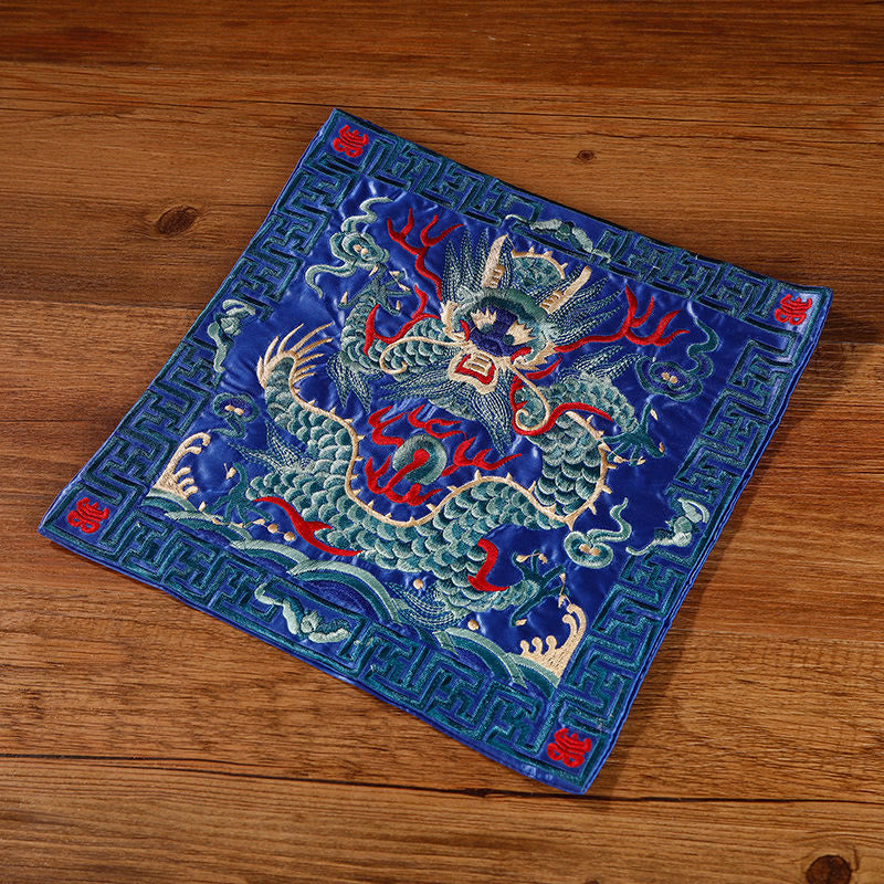 Buddha Stones Crane Phoenix Dragon Kirin Embroidered Cup Mat Pad Tea Cup Coaster Square Kung Fu Tea Mat Tea Mat BS Blue Dragon