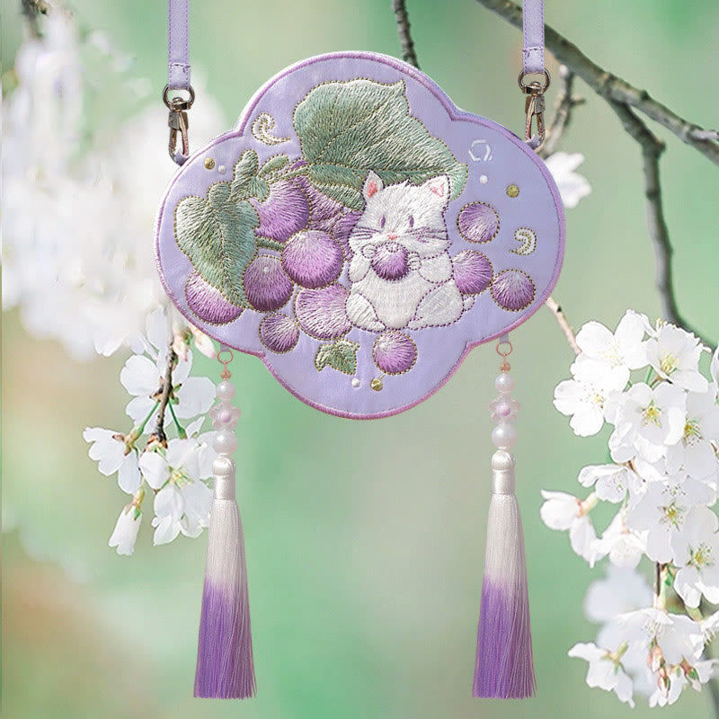Buddha Stones Embroidery Lucky Panda Cat Shiba Inu Deer Rabbit Fox Flower Cute Animal Hanfu Bag Crossbody Bag Shoulder Bag Bag BS Grape Mouse