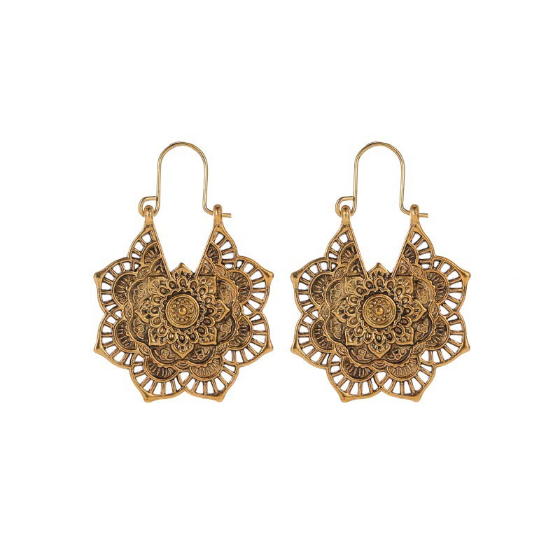 Buddha Stones Tibetan Lotus Engraving Copper Blessing Drop Earrings Earrings BS Gold