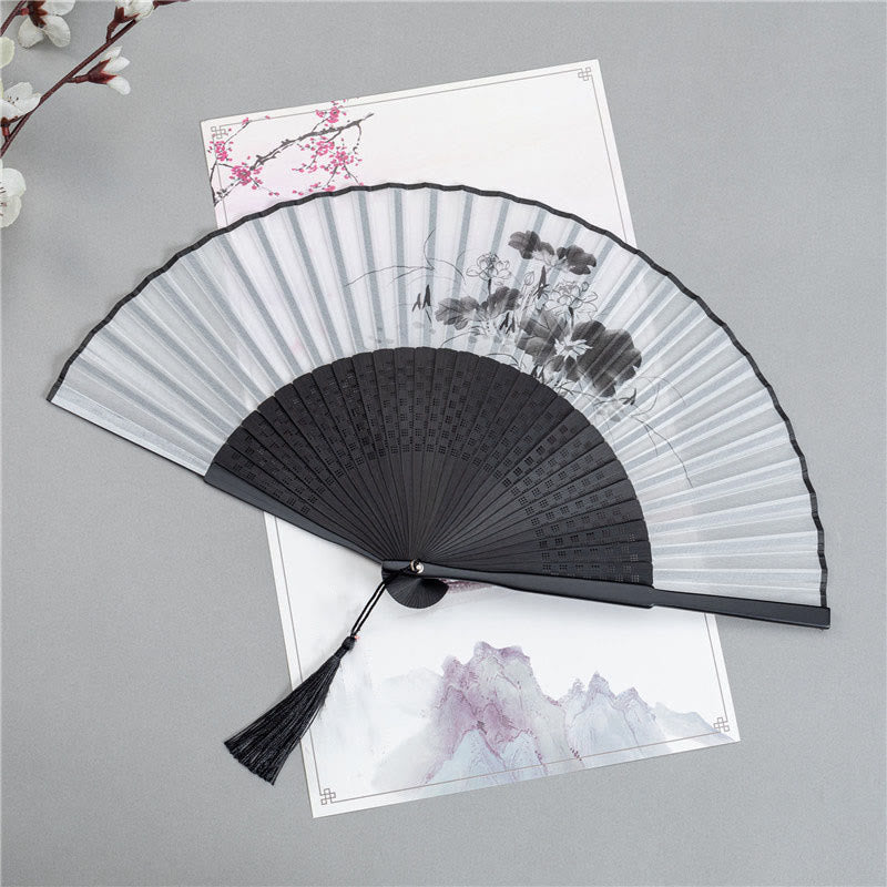 Buddha Stones Mountains Plum Blossom Lotus Magpie Bamboo Leaves Handheld Silk Bamboo Folding Fan 22.5cm 4