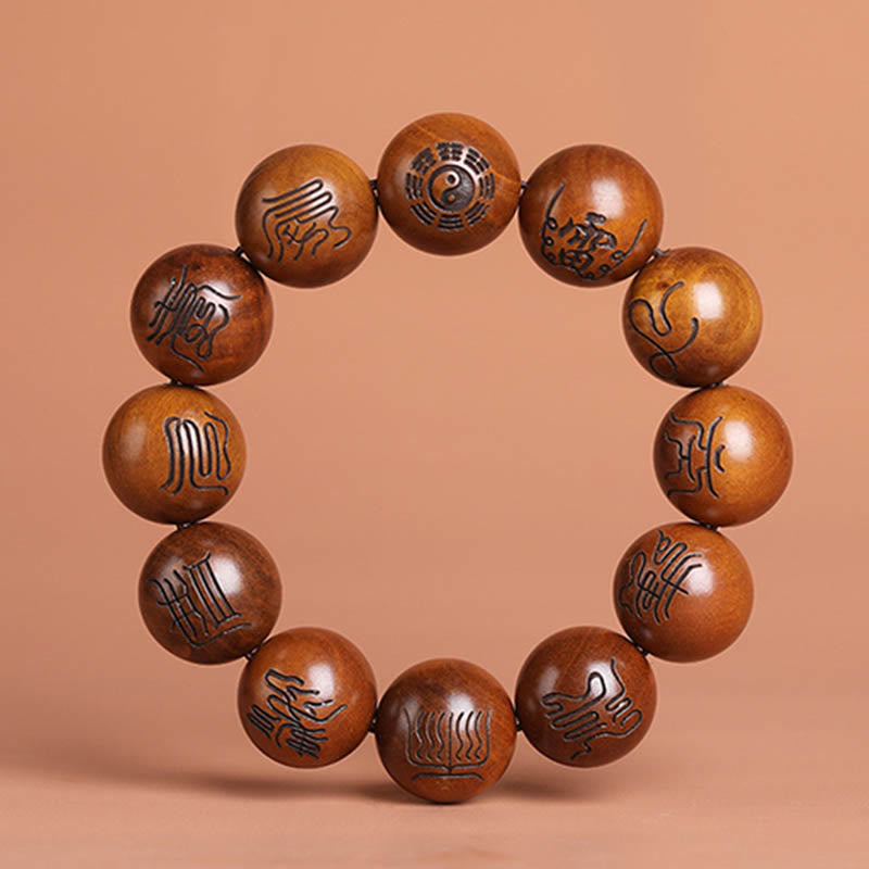 Buddha Stones Lightning Struck Jujube Wood Yin Yang Bagua Taoist Taboo Scripture Symbol Engraved Luck Bracelet Bracelet BS Taoist Scripture Symbols 20mm(Wrist Circumference 19-21cm)