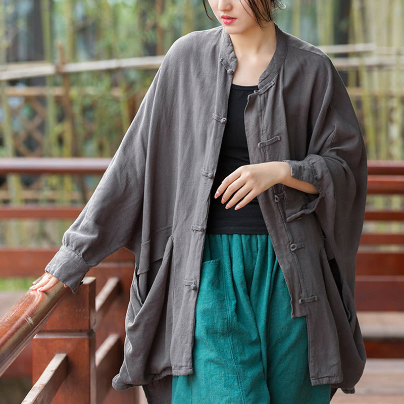 Buddha Stones Frog-Button Long Sleeve Zen Meditation Open Front Jacket With Pockets 14