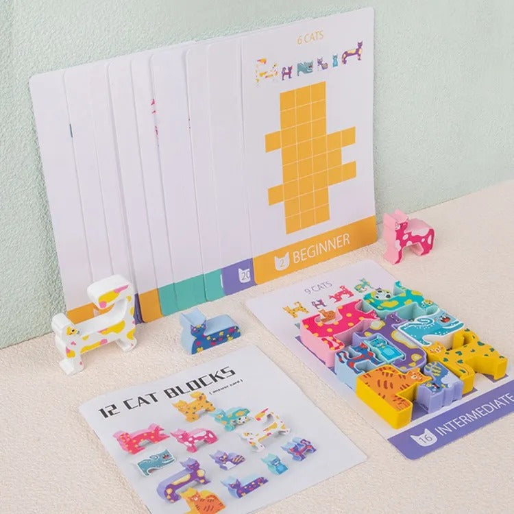 Fidtoy Cat Shape Creative Mind Pattern Puzzle for Kids | 12-Piece Logic Matching Game, 34 Pattern Cards, Visual Thinking, Short-Term Memory & Family Brain Game Age 6+