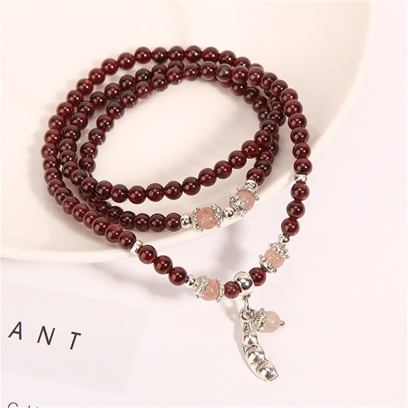 Buddha Stones Natural Garnet Strawberry Quartz Green Beans PiXiu Protection Triple Wrap Bracelet Bracelet BS 1