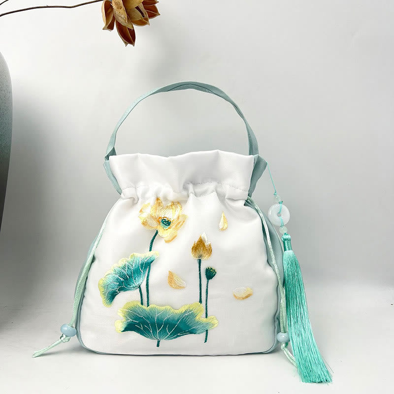 Buddha Stones Suzhou Embroidery Rabbit Lotus Epiphyllum Peony Magnolia Silk Tote Crossbody Bag Shoulder Bag Handbag Crossbody Bag BS Light Green Lotus Fish 20*20*7cm