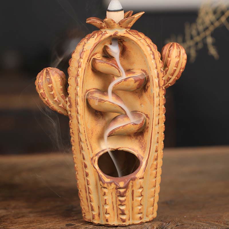 Buddha Stones Cactus Ceramic Healing Backflow Smoke Fountain Incense Burner Incense Burner BS Cactus-Yellow 12.5*6.5*17cm