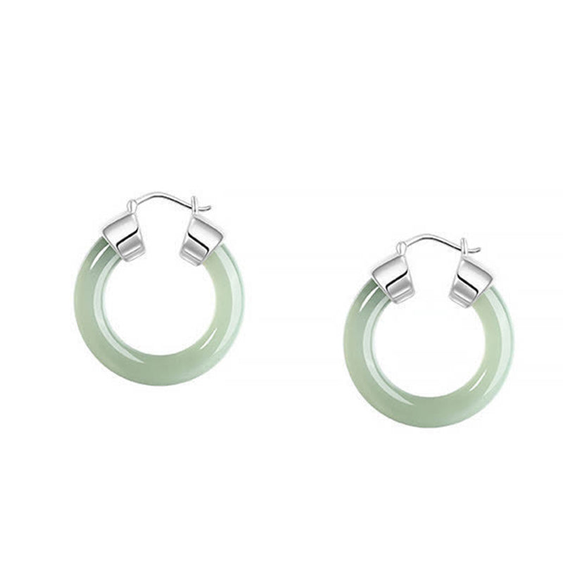Buddha Stones Round Jade White Jade Prosperity Earrings Earrings BS Silver