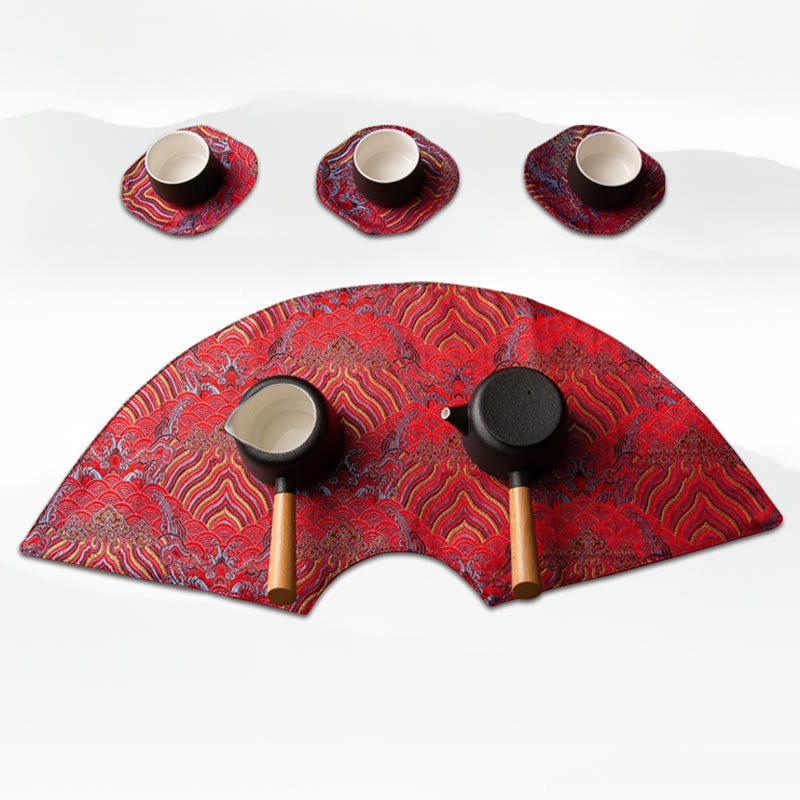 Buddha Stones Vintage Sea Wave Bamboo Plum Blossom Embroidered Cup Mat Pad Tea Cup Coaster Kung Fu Tea Mat Tea Mat BS 17