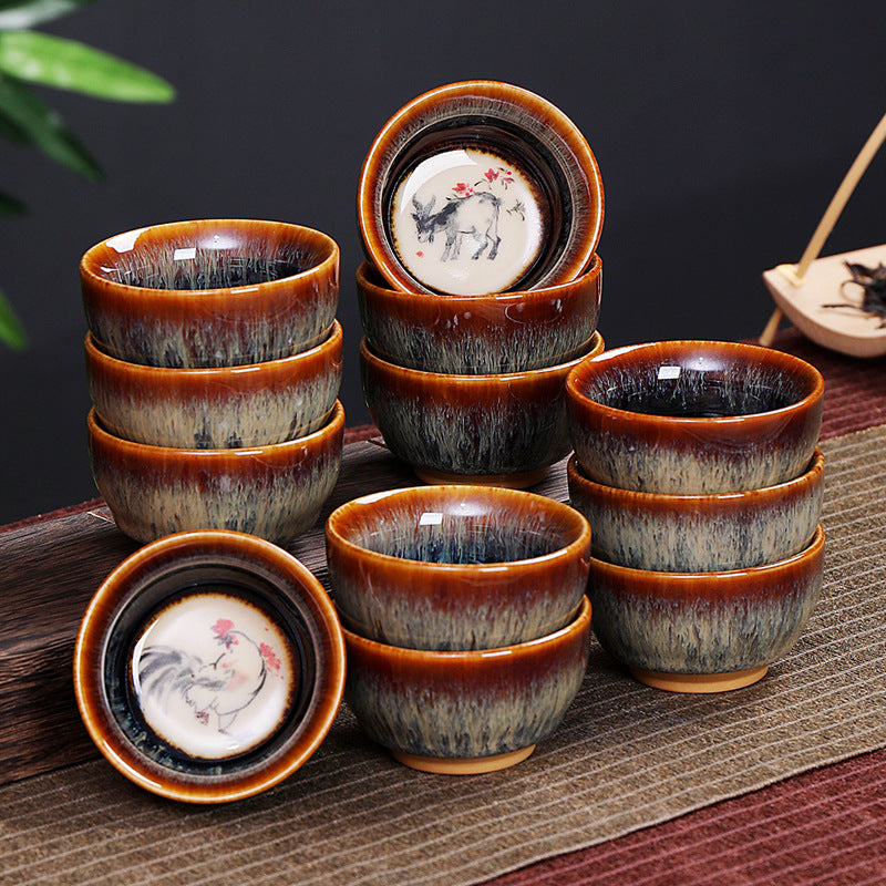 Buddha Stones 12 Chinese Zodiac Pattern Ceramic Teacup Kung Fu Jian Chinese Zhan Tea Cup 73ml Jian Zhan Tea Cup BS 1