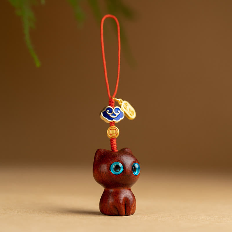 Buddha Stones Small Leaf Red Sandalwood Ebony Wood Lucky Cat Protection Key Chain Phone Hanging Decoration Key Chain BS Small Leaf Red Sandalwood Cat Phone Hanging Decoration