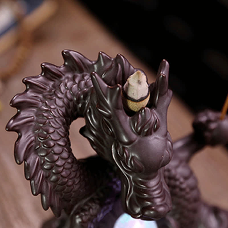 Buddha Stones Auspicious Dragon Ceramic Backflow Smoke Fountain Meditation Healing Incense Burner Led Ball Decoration Incense Burner BS 7