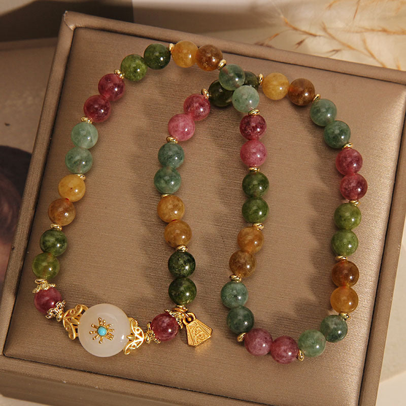 Buddha Stones Natural Multicolored Tourmaline Positive Jade Flower Double Wrap Bracelet Bracelet BS 2