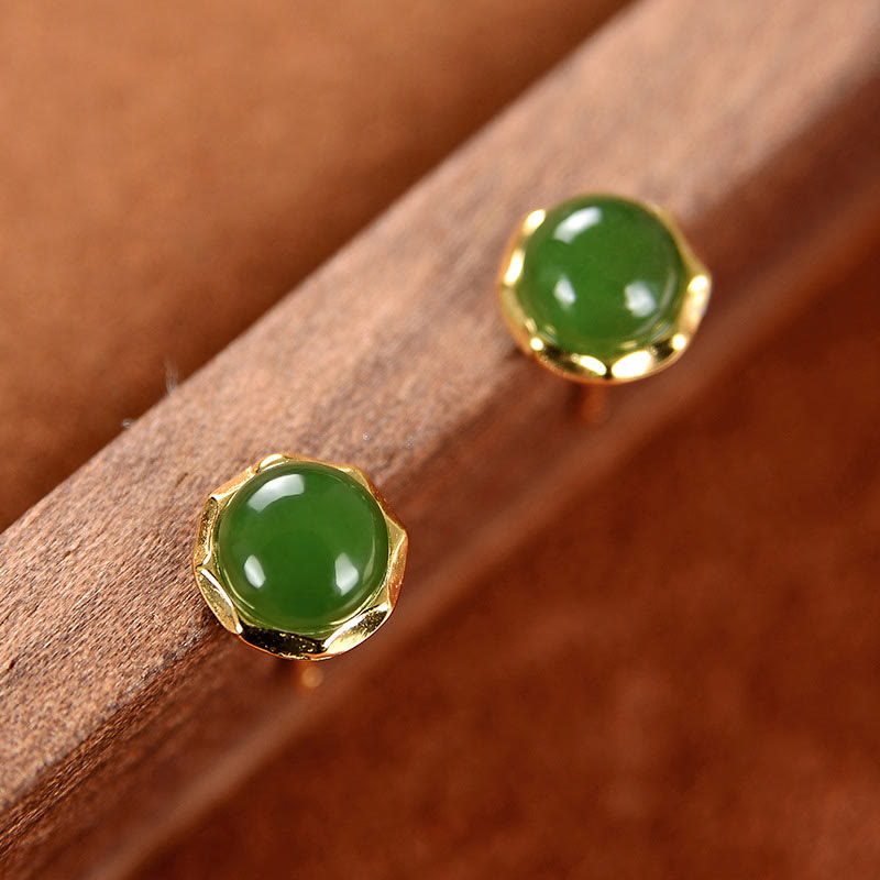 Buddha Stones 925 Sterling Silver Plated Gold Natural Hetian Cyan Jade Bead Luck Stud Earrings Earrings BS 2