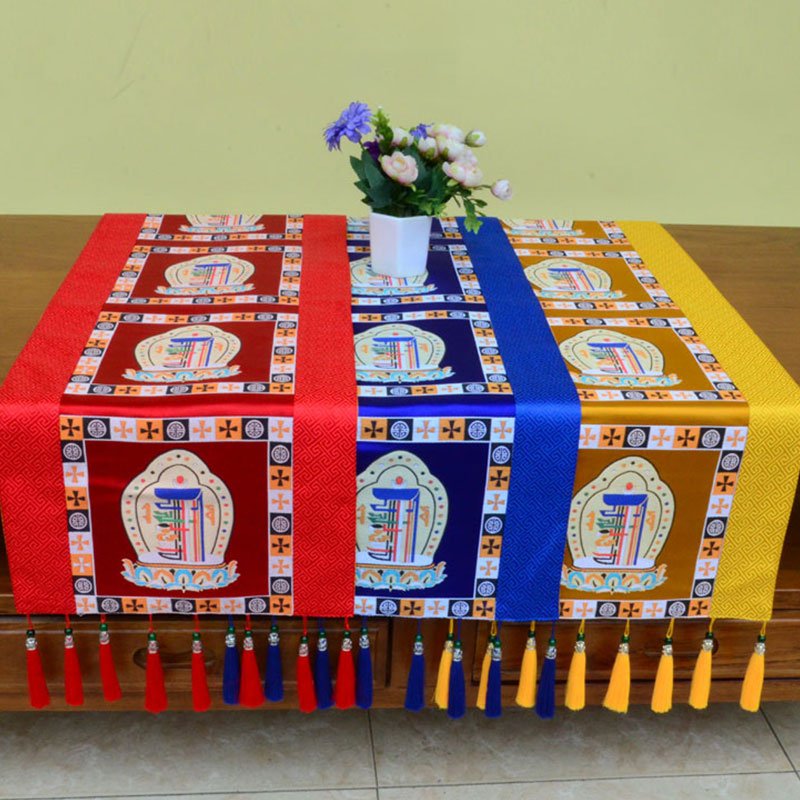 Buddha Stones Prayer Altar Mat Man-Bcu Kalachakra Endless Knot Vajra Tibetan Auspicious Symbols Tassels Table Runner Prayer Altar BS 1