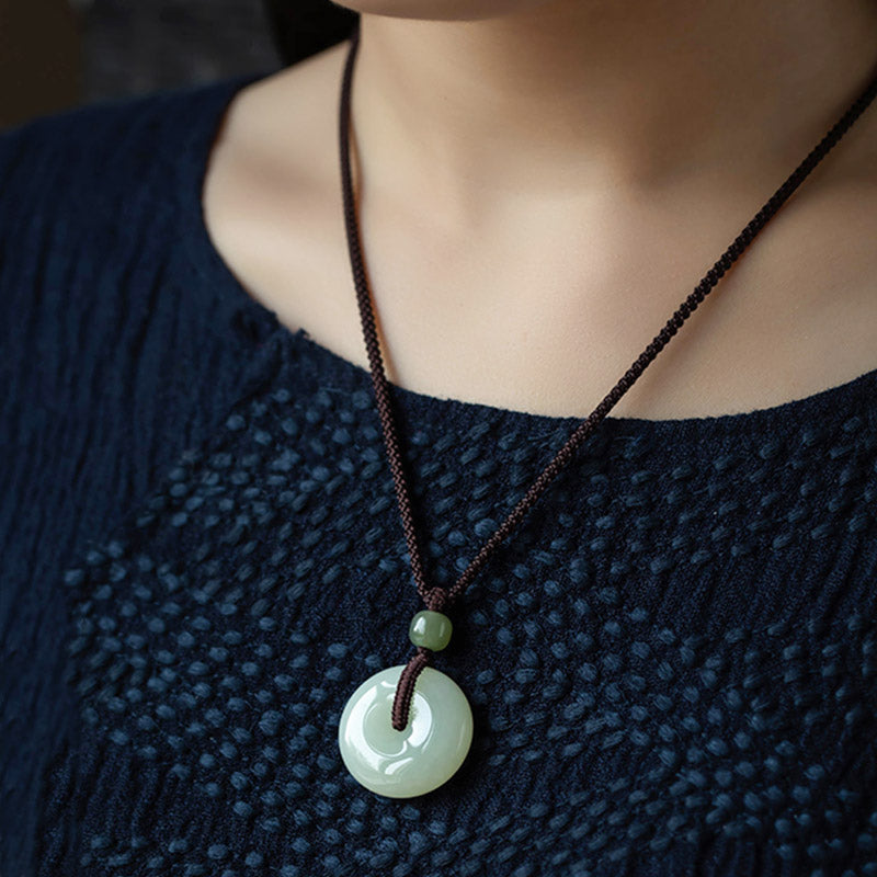Buddha Stones Natural Round Jade Peace Buckle Luck Prosperity Necklace Pendant Necklaces & Pendants BS 5