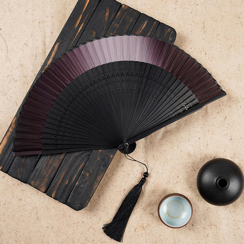 Buddha Stones Solid Color Gradient Hollow Engraved Handheld Bamboo Folding Fan Folding Fan BS Brown Gradient 21.5cm