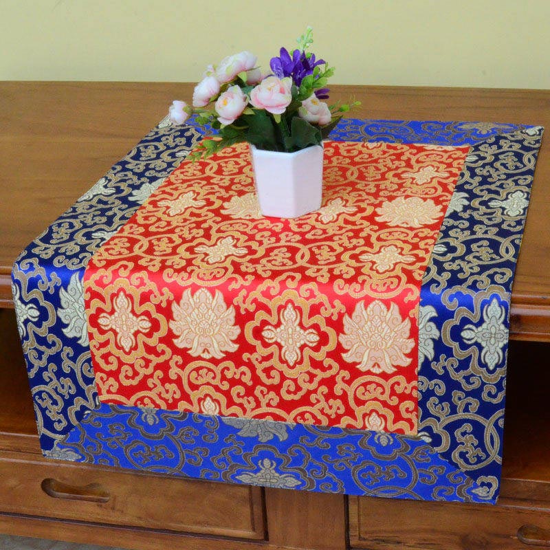 Buddha Stones Brocade Prayer Altar Flower Vajra Dragon Pattern Auspicious Symbols Table Runner Prayer Altar BS 18