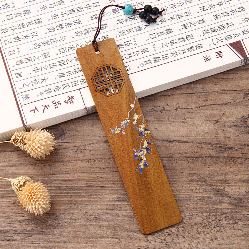 Buddha Stones 4Pcs Four Seasons Plum Orchid Bamboo Chrysanthemum Peking Opera Mask Wood Bookmarks With Gift Box Bookmarks BS 4