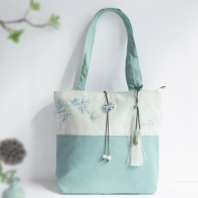 Buddha Stones Pear Flower Plum Peach Blossom Bamboo Embroidery Canvas Large Capacity Shoulder Bag Tote Bag - Green White Pear Flower - image 0