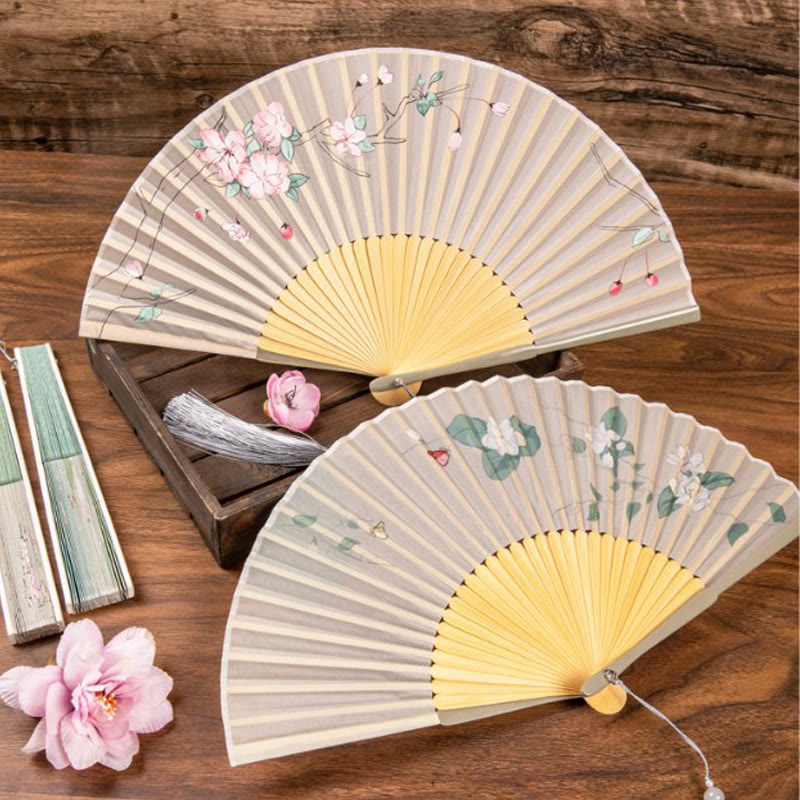 Buddha Stones Jasmine Lotus Begonia Flowers Handheld Bamboo Folding Fan - image 2