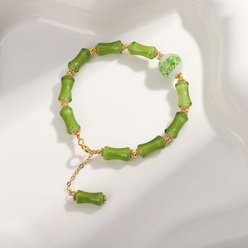 Buddha Stones Green Bamboo Pattern Liuli Crystal Moss Agate Wealth Chain Bracelet Bracelet BS Green Bamboo