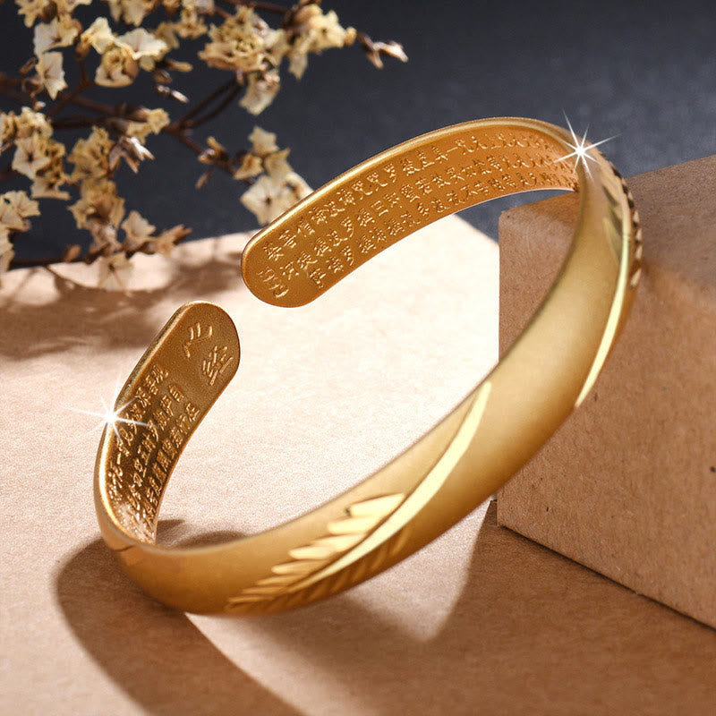 Buddha Stones Feather Heart Sutra Engraved Pattern Wealth Copper Cuff Bracelet Bangle Bracelet Bangle BS 3