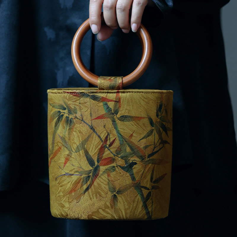 Buddha Stones Bamboo Leaf Butterfly Cherry Blossom Persimmon Wood Handle Handbag Handbags BS 6