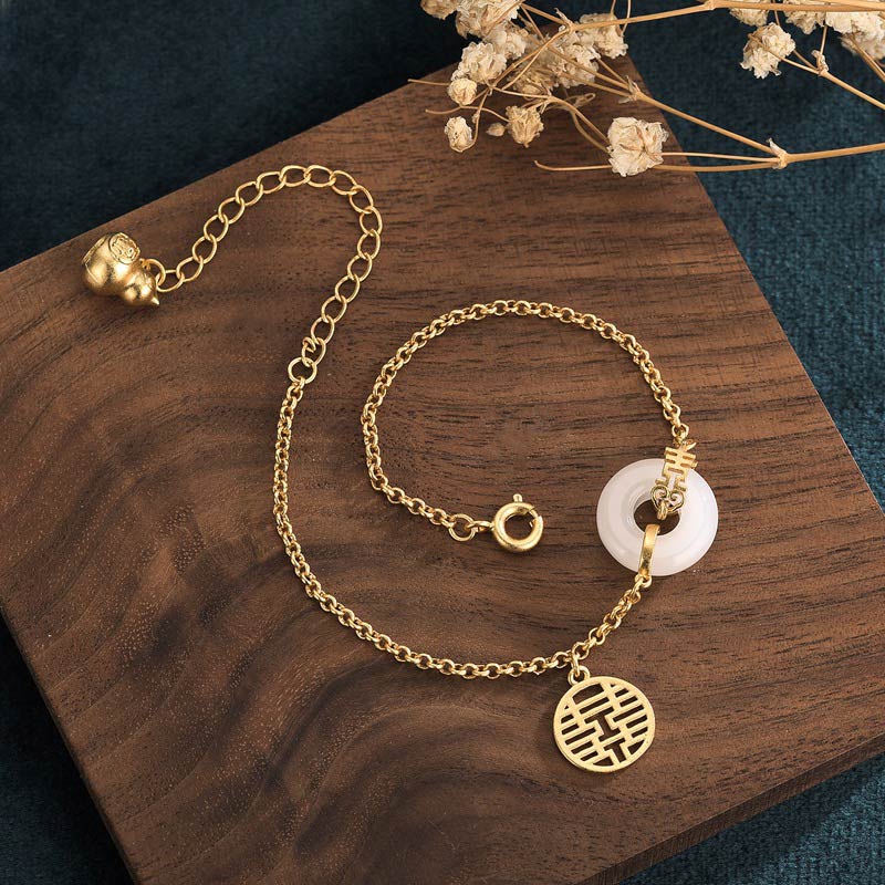 Buddha Stones White Jade Double Happiness Fortune Bracelet Bracelet BS 2