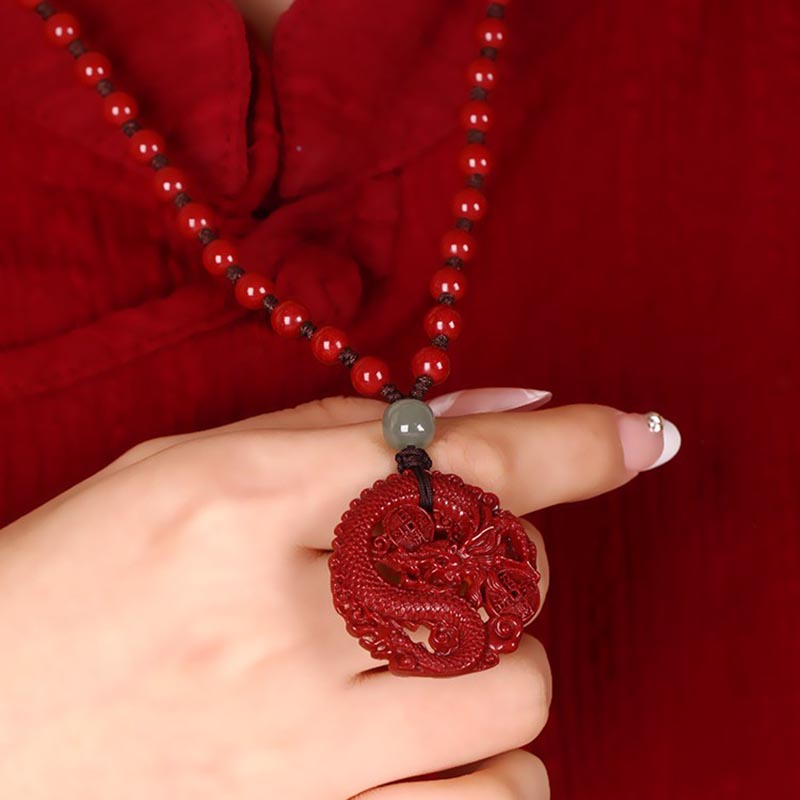 Buddha Stones Year Of The Dragon Natural Cinnabar Hetian Jade Bead Copper Coin Attract Wealth Strength Necklace Pendant Necklaces & Pendants BS 2