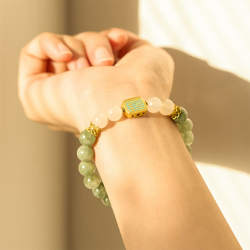 Buddha Stones Natural Green Jade White Agate Five Scriptures Abundance Bracelet Bracelet BS 3