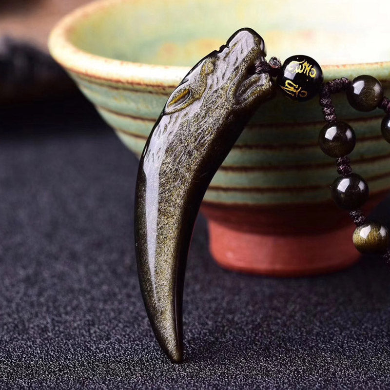 Buddha Stones Natural Black Obsidian Ice Obsidian Rainbow Obsidian Wolf Tooth Pattern Strength Necklace Pendant Necklaces & Pendants BS 9