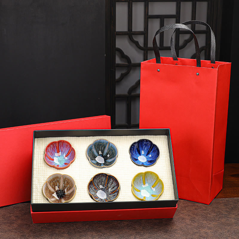 Buddha Stones 6Pcs Plum Blossom Petal Pattern Chinese Jianzhan Kiln Change Ceramic Teacup Kung Fu Tea Cup Bowl With Gift Box Jian Zhan Tea Cup BS 6pcs Plum Blossom Cup 8cm*5.2cm*90ml(With Red Gift Box)