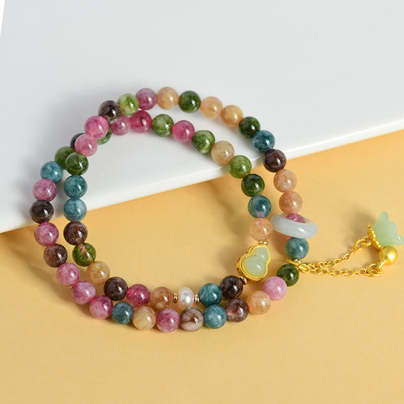 Buddha Stones Multicolored Tourmaline Gourd Wisdom Double Wrap Lily Of The Valley Charm Bracelet Bracelet BS 2