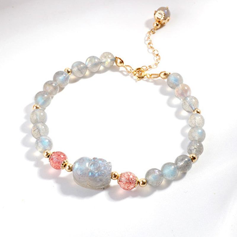 Buddha Stones Moonstone Strawberry Quartz PiXiu Healing Bracelet Bracelet BS 4