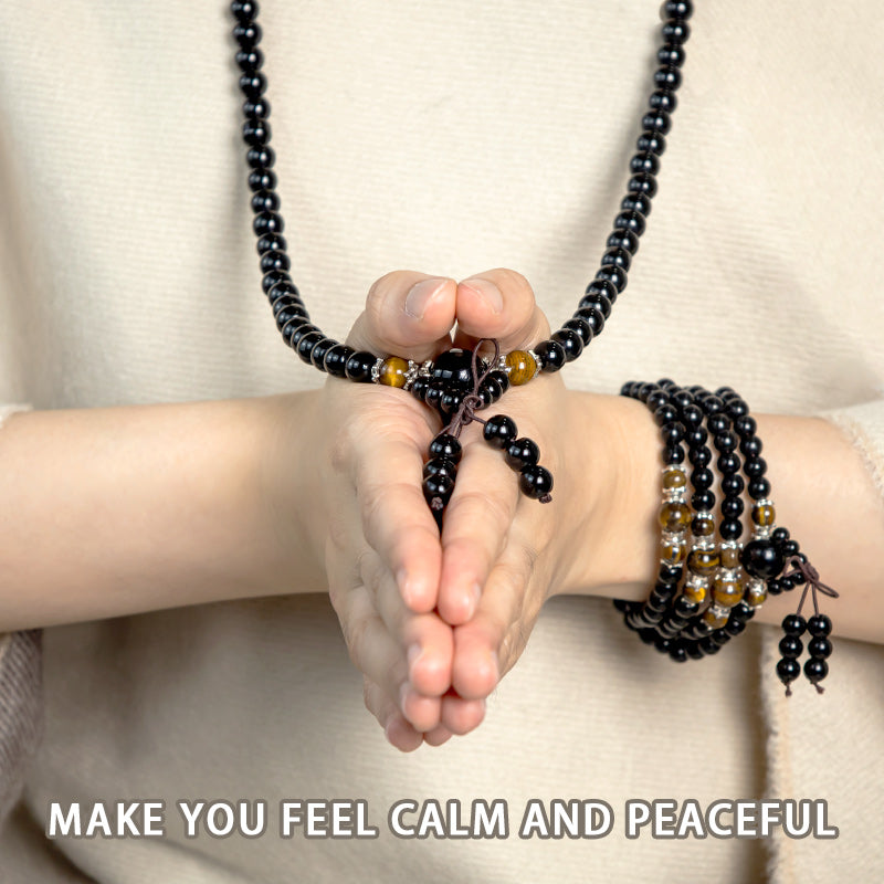 Buddha Stones 108 Beads Natural Black Obsidian Tiger Eye Mala Bracelet Mala Bracelet BS 4